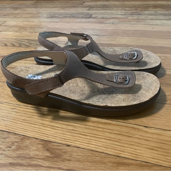 SAS Marina T-Strap Sandal Brown Leather Cork Footbed Comfortable Cushioned Wide - Picture 2 of 12